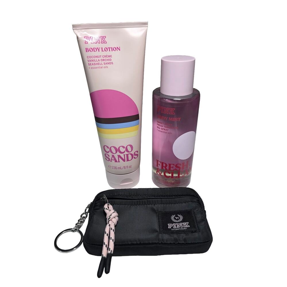 NEW Victoria's Secret PINK Lot Coco Sands Lotion, Fresh & Clean Mist, Zip Wallet